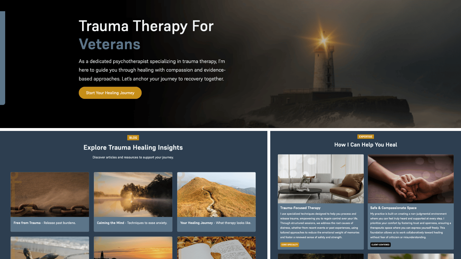 Portfolio image of a minimalist website design for trauma therapists, featuring a clean and professional look for psychological practices.