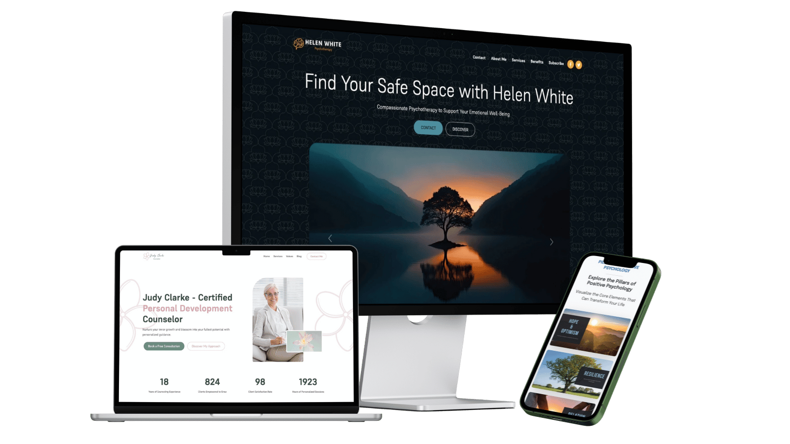 A desktop, laptop and phone each displaying custom website designs for therapists, showcasing online tools for therapy practices.