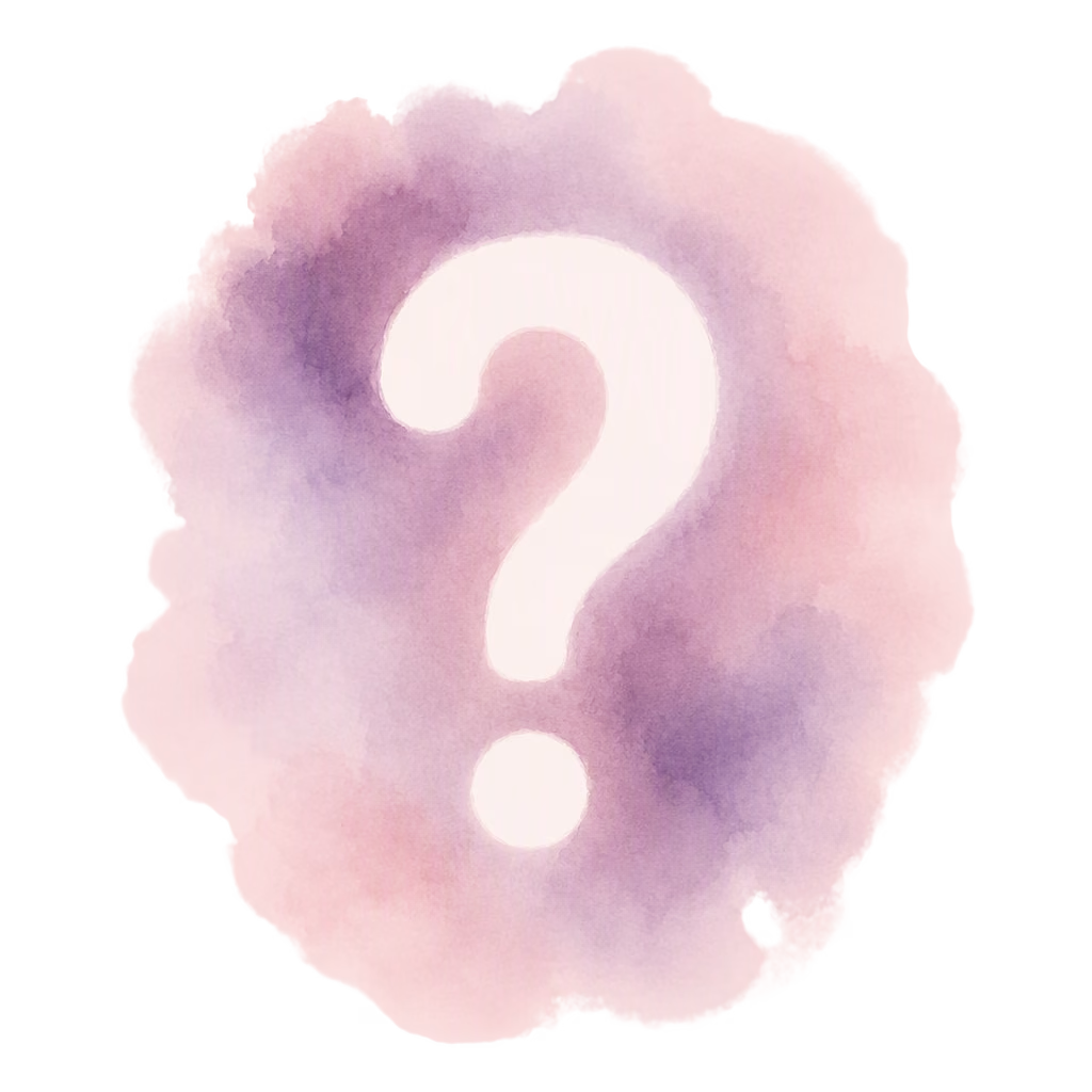 A crisp white question mark reserved as negative space, soft plum watercolor wrapping around it