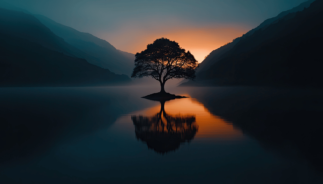 A dark tree in the middle of a calm lake at sunrise