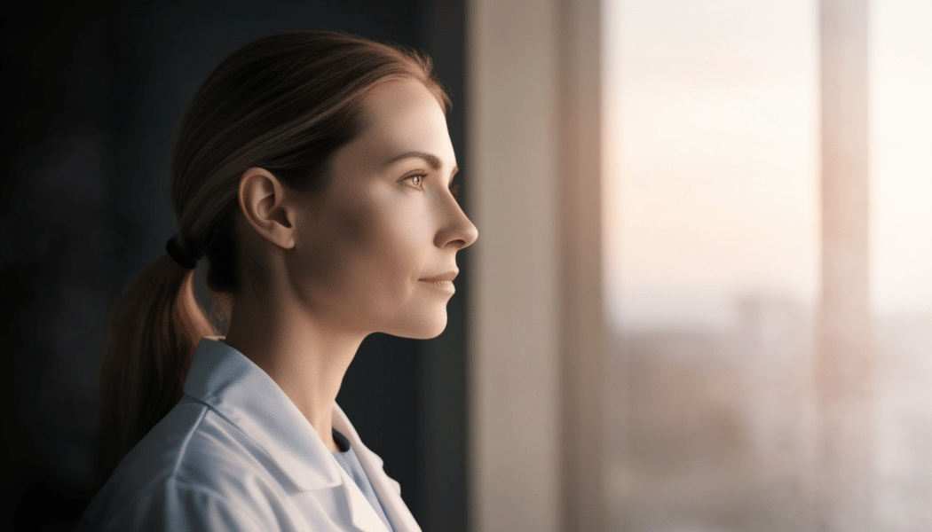A woman looking outside with a hopeful look on her face