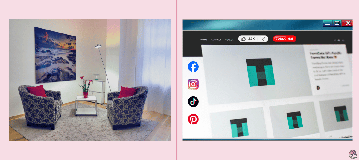 comparison between a carefully designed therapist's office and a generic template website