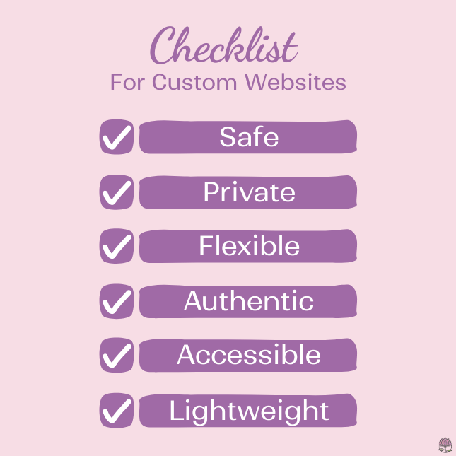 checklist of features custom websites can offer: safe, private, flexible, authentic, accessible, lightweight