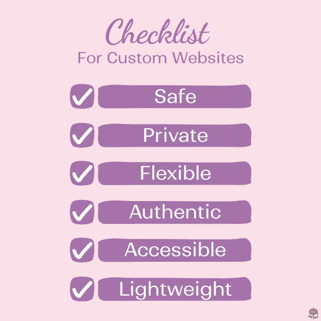 checklist of a custom website: safe, private, flexible, authentic, accessible, lightweight