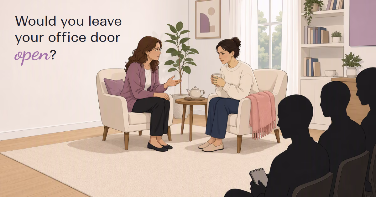 A therapist and a client sit in armchairs while three shadowy onlookers watch from the foreground, one holding a notepad. The image asks: 