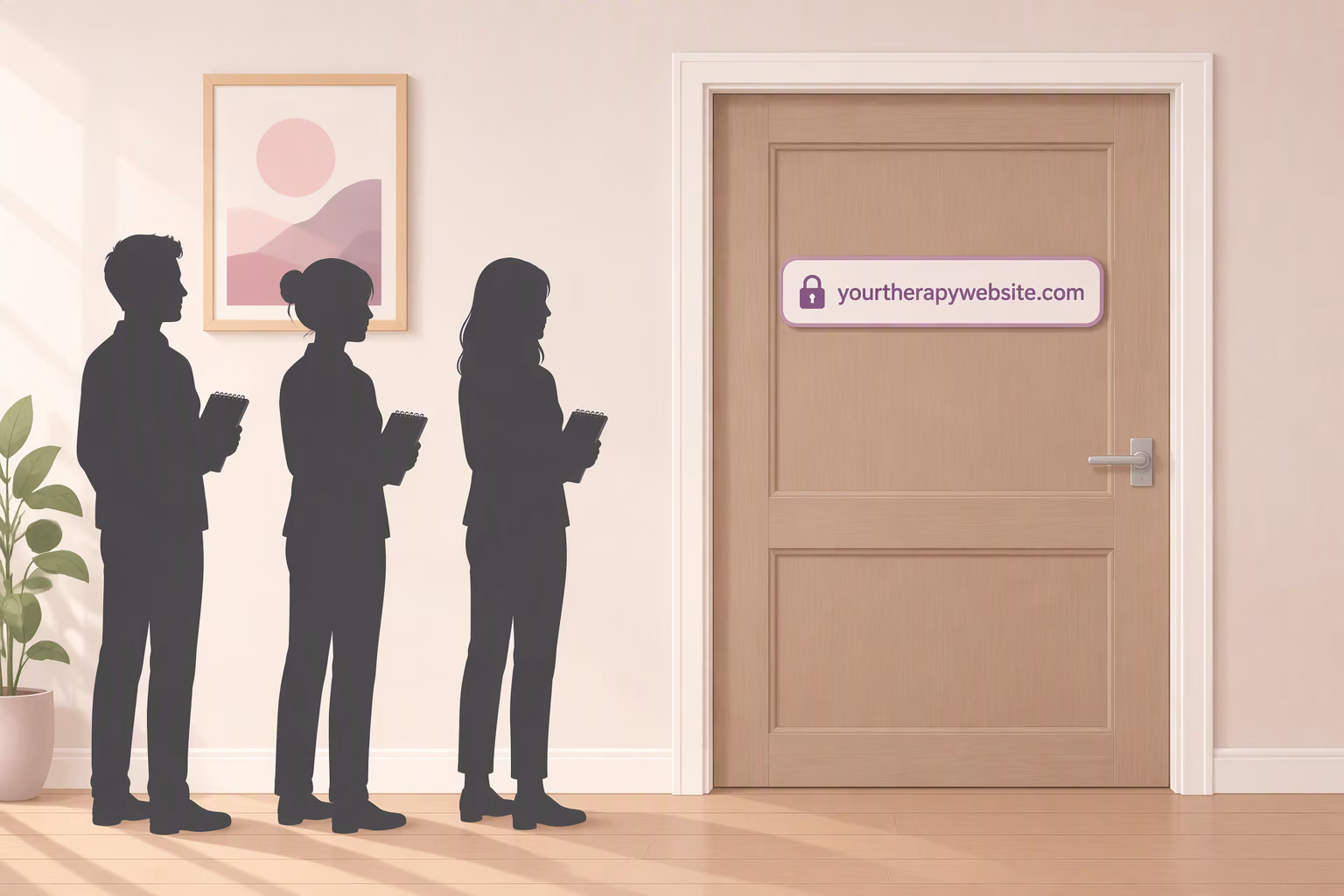 Three shadowy figures with notepads wait outside a closed wooden door. The sign on the door reads yourtherapywebsite.com, with a purple padlock.